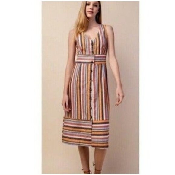 NEW Gilli linen blend bold striped dual v-neck sleeveless fitted lined dress - Picture 2 of 10
